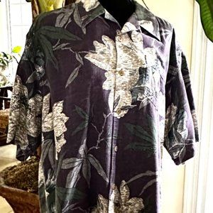Tommy Bahama Short Sleeve Shirt, Mens XL, Blue Print, 100% Silk, Wood Buttons